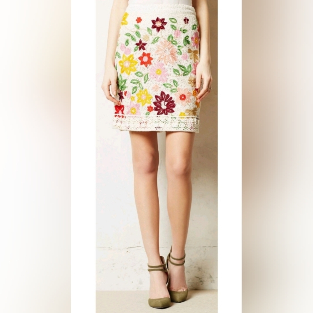 Anthropologie Floral Embroidered Mini Skirt - Cream Multicolor - Picture 8 of 11
